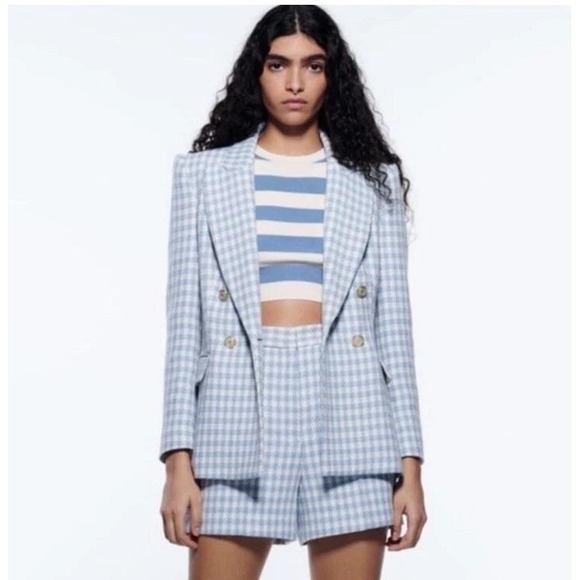 Zara Double-Breasted Blazer‎ Jacket in Blue Check Plaid Princess Kate Sz XS - Picture 14 of 16